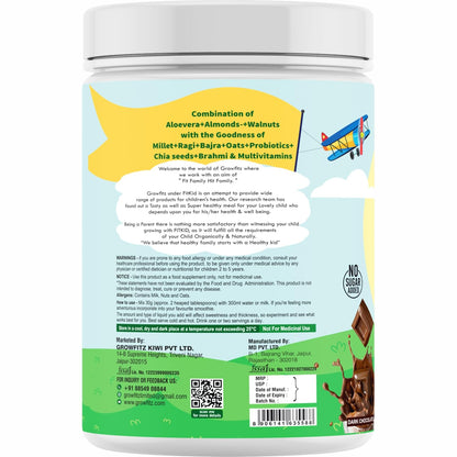 Growfitz FitKid | Natural Healthy Everyday Meal for Kids 2-18 | No Added Sugar | Supports Bone Strength, Immunity, Brain Development | 6.3g Protein | Almonds, Walnut, Ragi, Bajra (400g, Chocolate)
