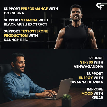 Advertisement featuring a muscular man and a man at a desk with health product benefits listed.
