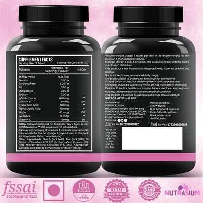 Nutrasium L-Glutathione 600 mg with Hyaluronic Acid & Biotin | For Skin Glow, Brightening, Hydration, & Skin Radiance, Reduce Dark Spot & Pigmentation | 30 Tablets