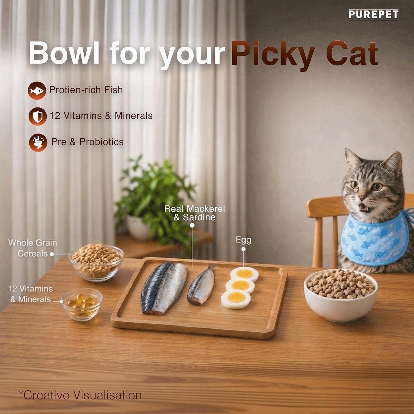 Purepet Adult Dry Cat Food 1kg | Mackerel Flavour | Hairball Protection | Heart Care with Taurine | Skin Health