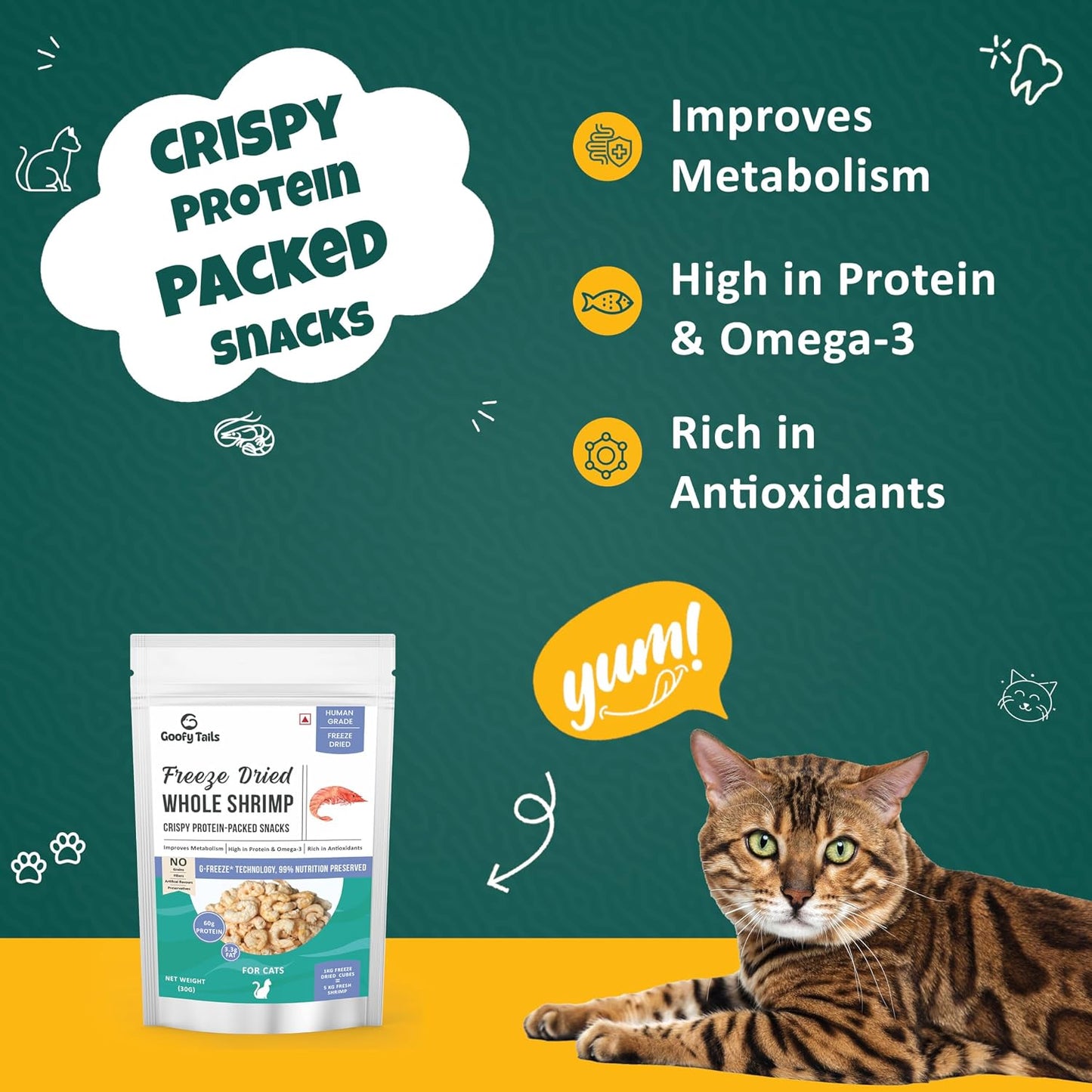 Goofy Tails Freeze Dried Shrimp Cat Treats 30g, Single Ingredient Shrimp Cat Treat, Gluten and Grain Free Treats for Cats, Protein and Omega 3, Antioxidant Rich, Easy to Digest Kitten Treat
