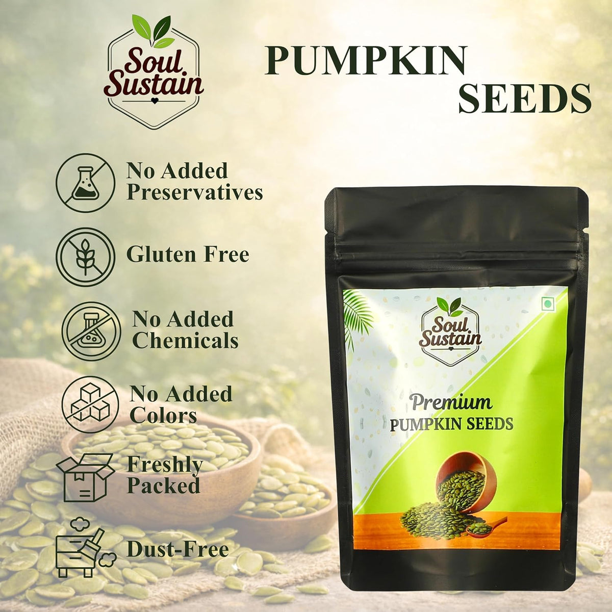 SoulSustain Pumpkin Seeds| Raw Pumpkin Seeds | Edible Seeds for Daily Nutrition | Plant Based Protein | Roasted Snack, Smoothies, Baking, Salads, Keto & Vegan Diet