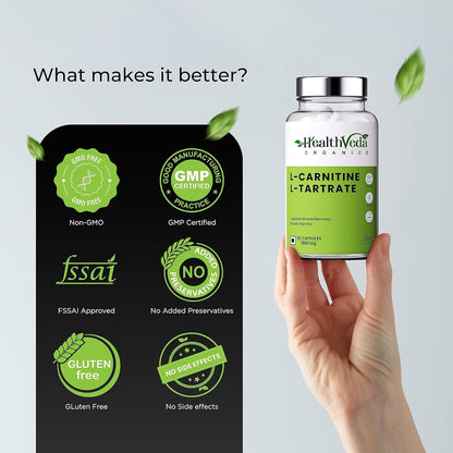 Zephivo Health Veda Organics L Carnitine L-Tartrate, 1000mg | Pre-Workout Supplements | Supports Muscle Recovery & Endurance | For Both Men & Women I 60 Veg Capsules