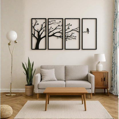 Modern 4-Piece Tree Wall Art Panel Set | Branch & Birds Design | MDF Wooden Wall Hanging | 3D Matte Finish | Items For Living Room/Bedroom/Drawing Room/Dining Room | 40x22 cm Each - Black