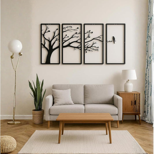 Modern 4-Piece Tree Wall Art Panel Set | Branch & Birds Design | MDF Wooden Wall Hanging | 3D Matte Finish | Items For Living Room/Bedroom/Drawing Room/Dining Room | 40x22 cm Each - Black