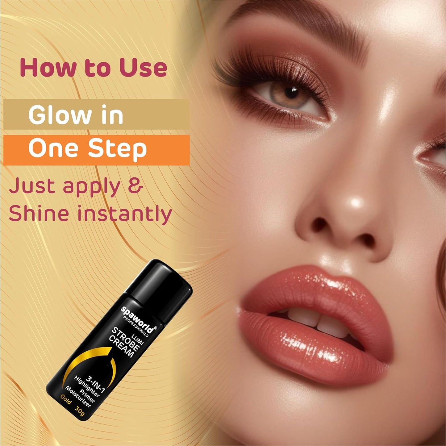 Lip gloss product with application instructions on a beige background