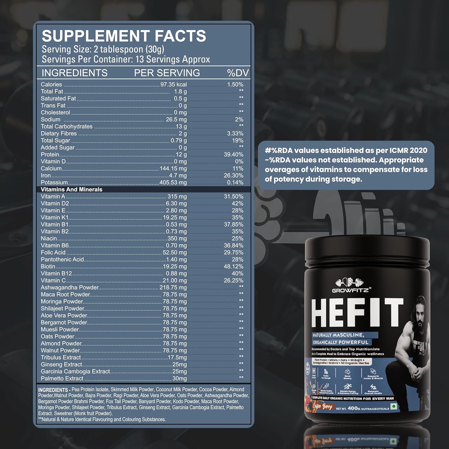 Growfit Hefit 100% Natural Plant Protein Powder 400g | 12g Protein - Pea Isolate | Easy to Digest | Meal Supplements for Muscle Growth & Recovery | 50+ Organic Herbs | No Added Sugar (Coffee Berry)