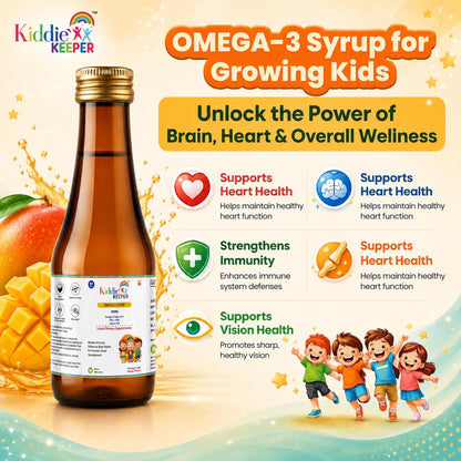 Omega-3 Fish Oil Syrup for Kids 4+ Years | DHA & EPA with Vitamin D3 | Mango Flavoured Liquid Supplement | No Added Sugar, No Preservatives | 200 ml