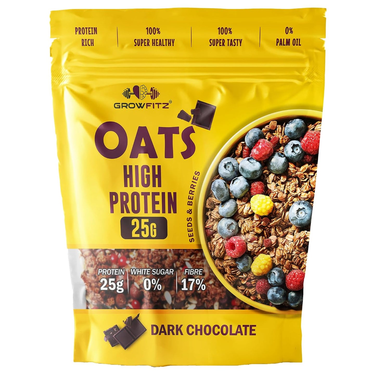 Growfitz 25g High Protein Oats 800 Gram, Pack of 1 | Dark Chocolate Oatmeal | 17g Fiber, No Sugar, With Almonds, Raisin, Pumpkin and Chia Seeds & Healthy Fats | Super Rolled Oats | Breakfast Cereals