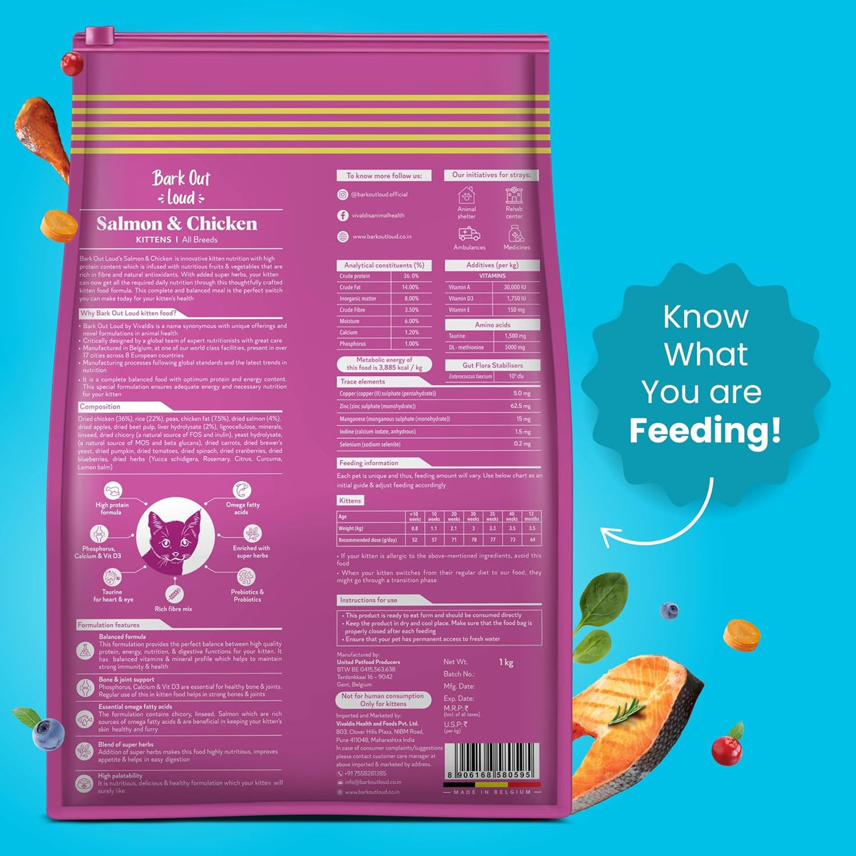 BARK OUT LOUD - Premium Kitten Dry Food | Fresh Salmon & Chicken | Hairball Control | Taurine |Omega Fatty Acids | Probiotivs-No Preservaties - Made in Belgium Kibbles for Kitten (1kg)