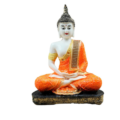 Meditating Buddha Polyresin Idol Showpiece - Perfect for Living Room, Bedroom and Office Space Home Decor Staircase Wall Decoration Ideal Gifting (White Orange Sitting Buddha)
