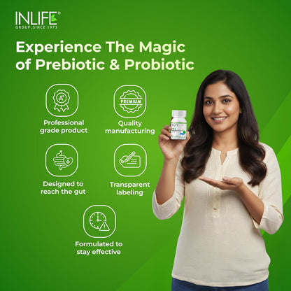 INLIFE Prebiotic and Probiotic Supplement for Gut Health | Lactobacillus Bacteria for Digestive Health Immunity Support| Probiotics for Women Men - 60 Capsules (Pack of 1, 60)
