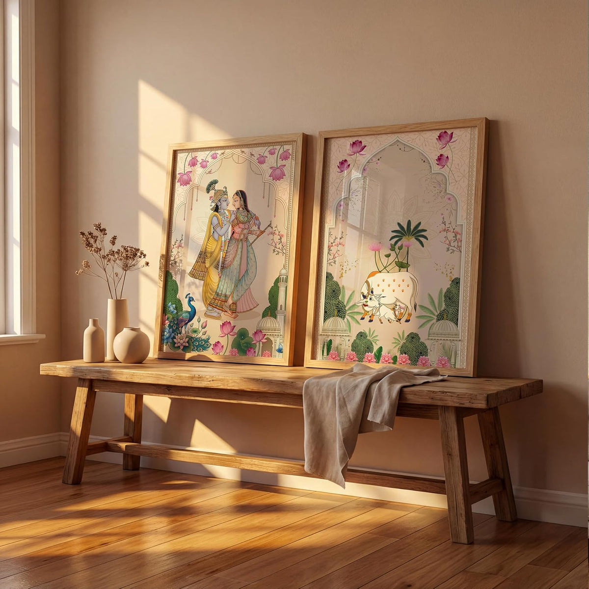 Pichwai Radha Krishna Kamdhenu Cow Wall Art Painting | Set of 2 Framed Paintings | Traditional Indian Decor for Living Room Pooja Room Home | (ART 3, 13x19 INCHES)