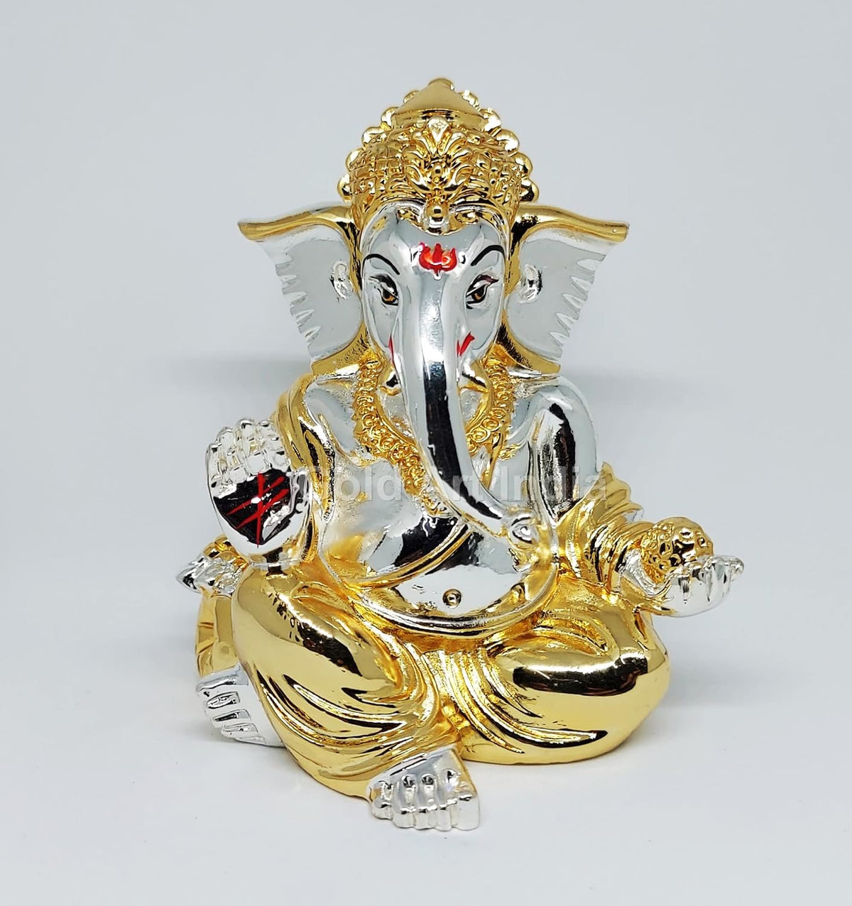 Gold Art India Gold and Silver Plated gaddi Ganesha Idol | Ganpati Bappa Murti | for Home Decor Puja Lord Ganesh Statue Gift for Office Desk Puja Room Figurine, Car Dashboard, House Warming (7.6 x 7.6 x 8.8)