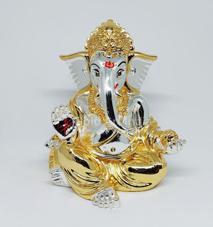 Gold Art India Gold and Silver Plated gaddi Ganesha Idol | Ganpati Bappa Murti | for Home Decor Puja Lord Ganesh Statue Gift for Office Desk Puja Room Figurine, Car Dashboard, House Warming (7.6 x 7.6 x 8.8)