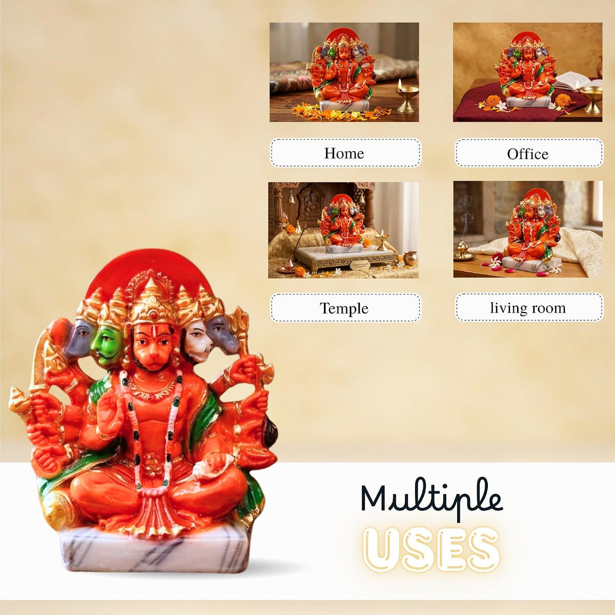 Resin Hanuman Ji Murti Panchmukhi Hanuman For Door Entrance Temple Home & Office Decor Living Room Decoration Gift For New House Warming Ceramony Balaji Idol Evil Eye 6.3 cm Orange