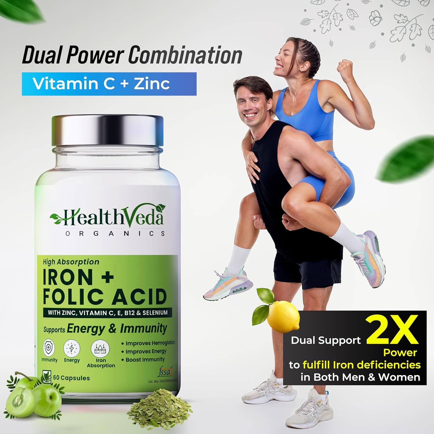 Zephivo HEALTH VEDA ORGANICS PRIVATE LIMITED Chelated Iron Folic Acid Supplement With Zinc, Vitamin C & B12, Zinc & Spinach Leaves | Hemoglobin, Boost Immunity & Maintains Iron Level | 60 Veg Capsules