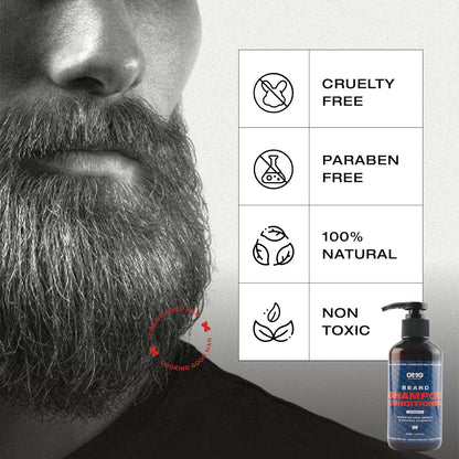Close-up of a man with a beard and a bottle of Omo Beard Shampoo & Conditioner, with certification icons displayed.