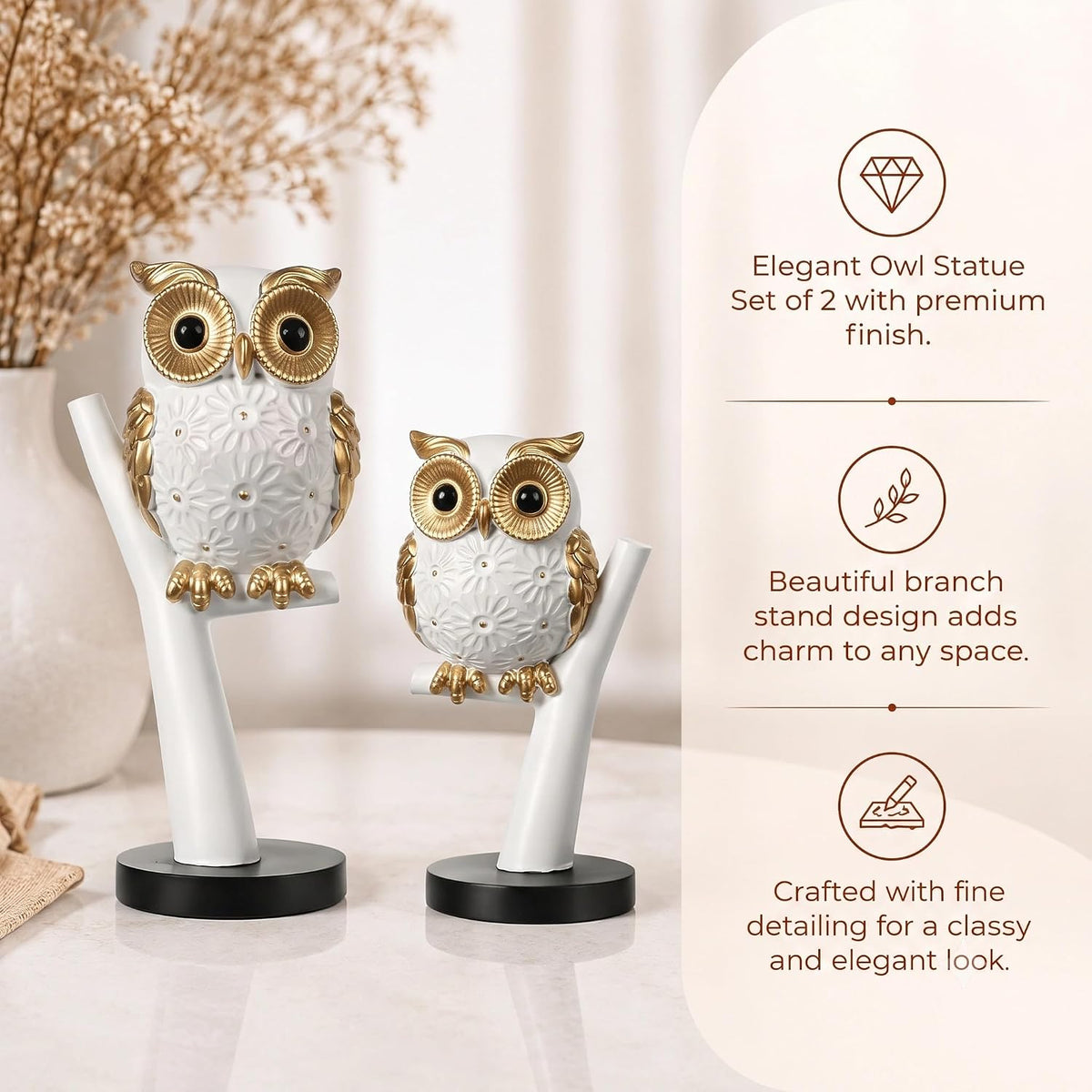 Charming Owl Figurine Set for Home & Office Décor | Handcrafted Modern Showpiece for Living Room, Study, Shelf & Table Styling (White & Gold)