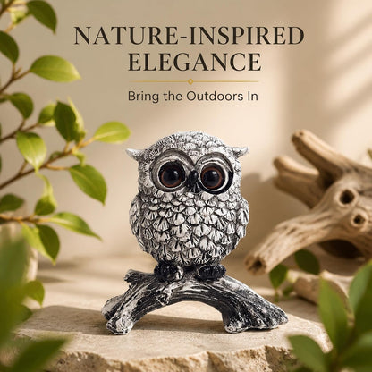 White Owl Figurine on Natural Wood-Look Log, Black & White Owl Statue for Home Office Desk Decor (Small)