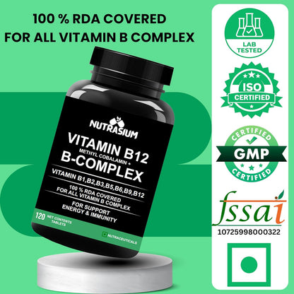 Nutrasium Vitamin B12 with B-Complex Tablets - 100% RDA for B Vitamins with B1, B2, B3, B5, B6, B9 & Vitamin B12 | Vitamin B Complex Supplements for Women & Men - 120 Vegetarian Tablets