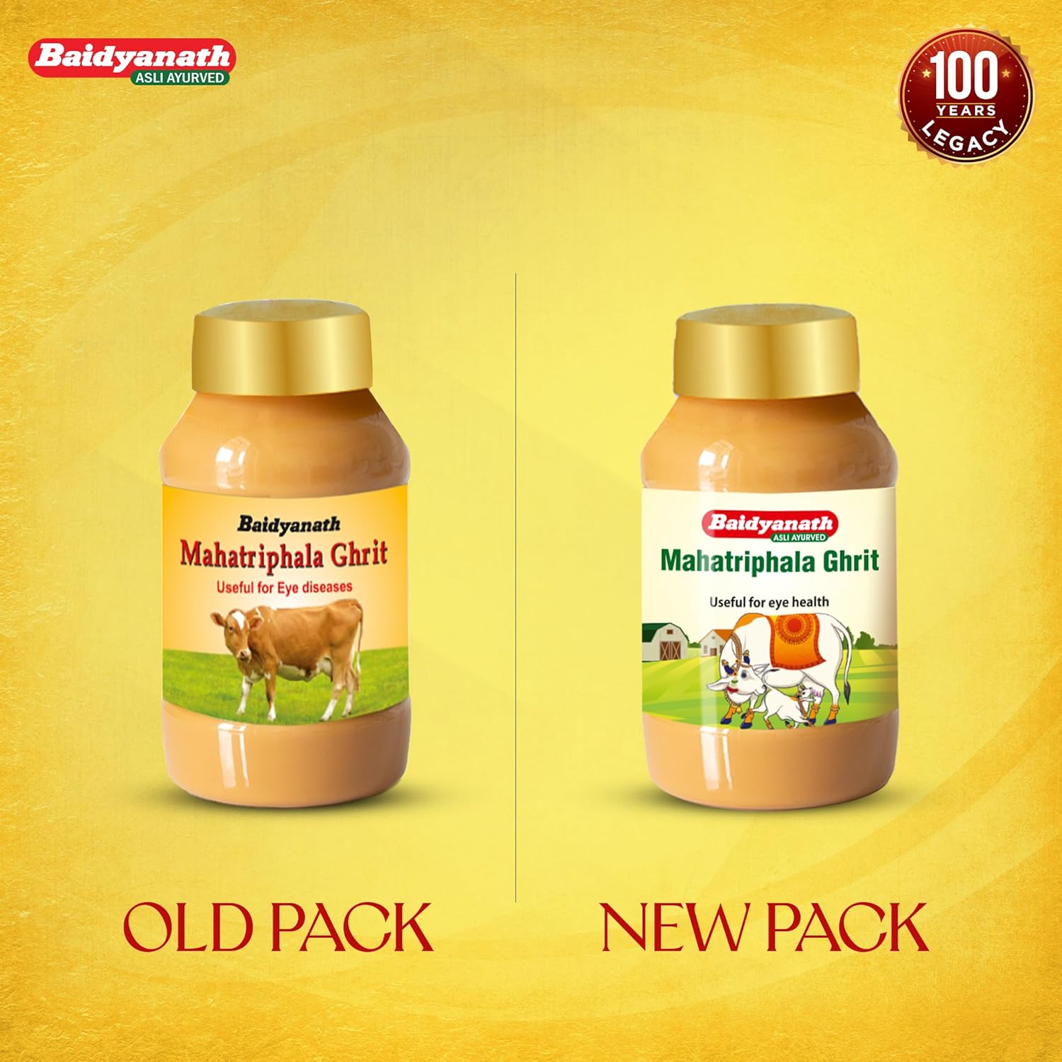 Baidyanath Mahatrophala Ghrit old and new packaging comparison on a yellow background.