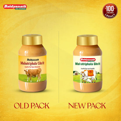 Baidyanath Mahatrophala Ghrit old and new packaging comparison on a yellow background.