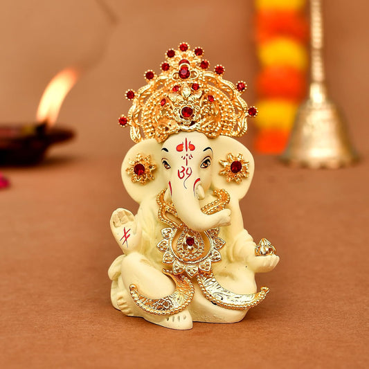 Ganesh Idol Murti Statue for Car Dashboard Gift Ceramic Terracotta Gold Plated Ganesha Ganpati Idols Showpiece Figurine for Home Pooja Room Diwali Decoration. (Cream Color)