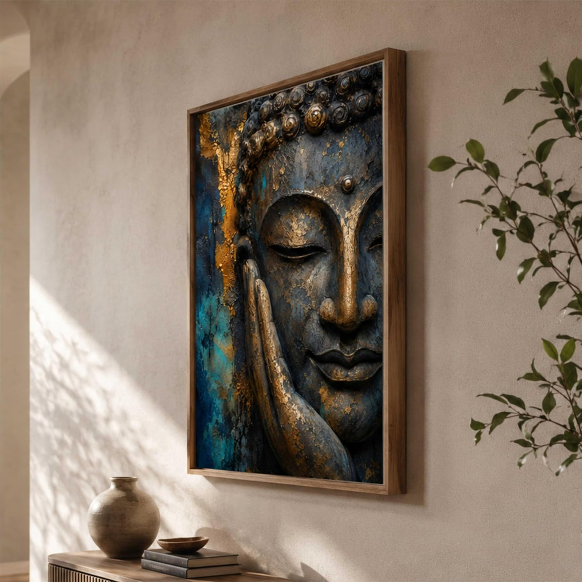 Buddha Face Wall Painting for Living Room Bedroom Hall Office Decor, Peaceful Spiritual Artwork with Sparkle Laminate and Premium Wooden Synthetic Frame (13.5 x 19.5 Inch) NM01-4097