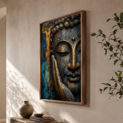 Buddha Face Wall Painting for Living Room Bedroom Hall Office Decor, Peaceful Spiritual Artwork with Sparkle Laminate and Premium Wooden Synthetic Frame (13.5 x 19.5 Inch) NM01-4097