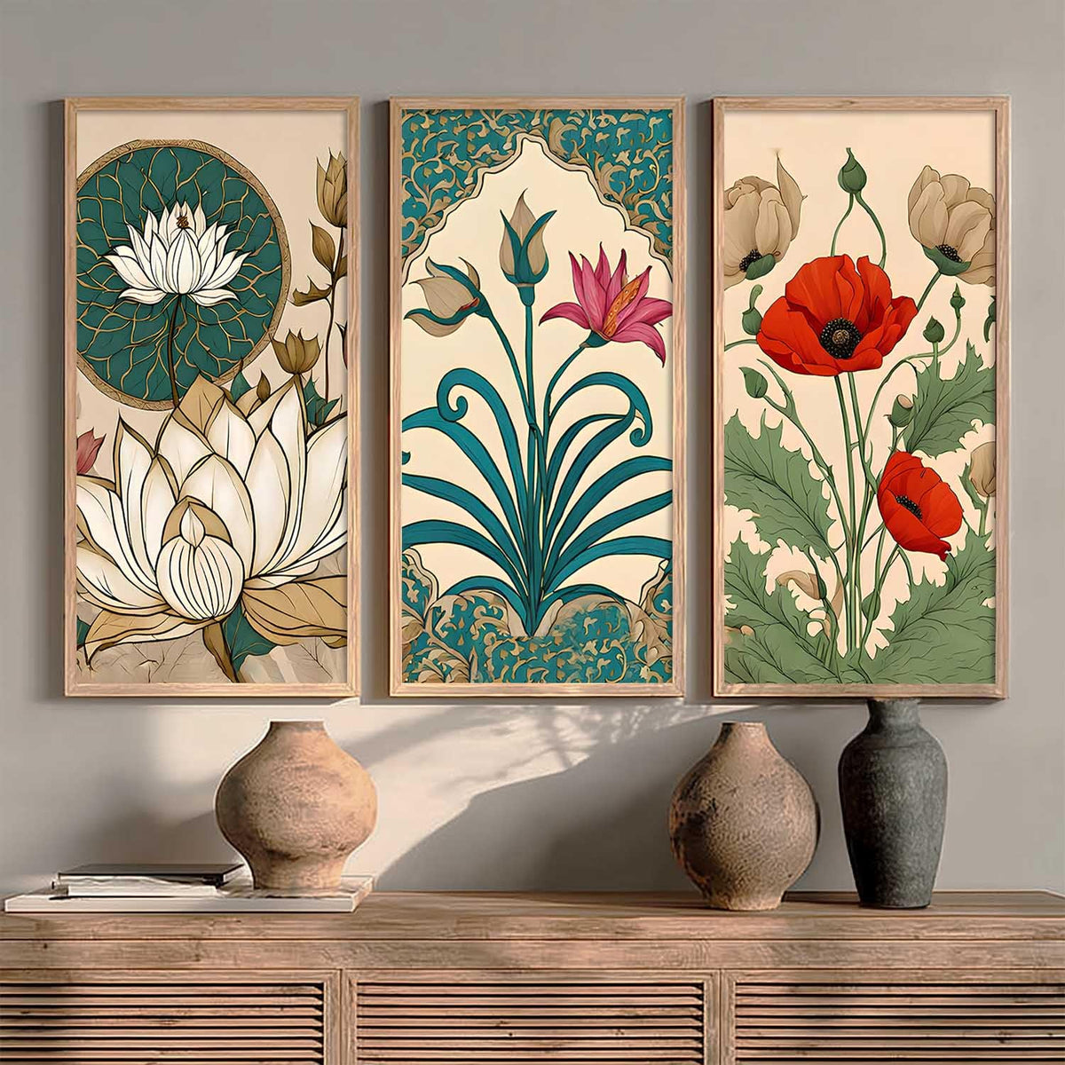 Indian Traditional Madhubani Art Home Decoration Wall Painting Art With Frame For Living Room Bed Room Hotel Wall Decor Digital Reprint Engineered Wood Set of 3 (1, 10x19 inch)