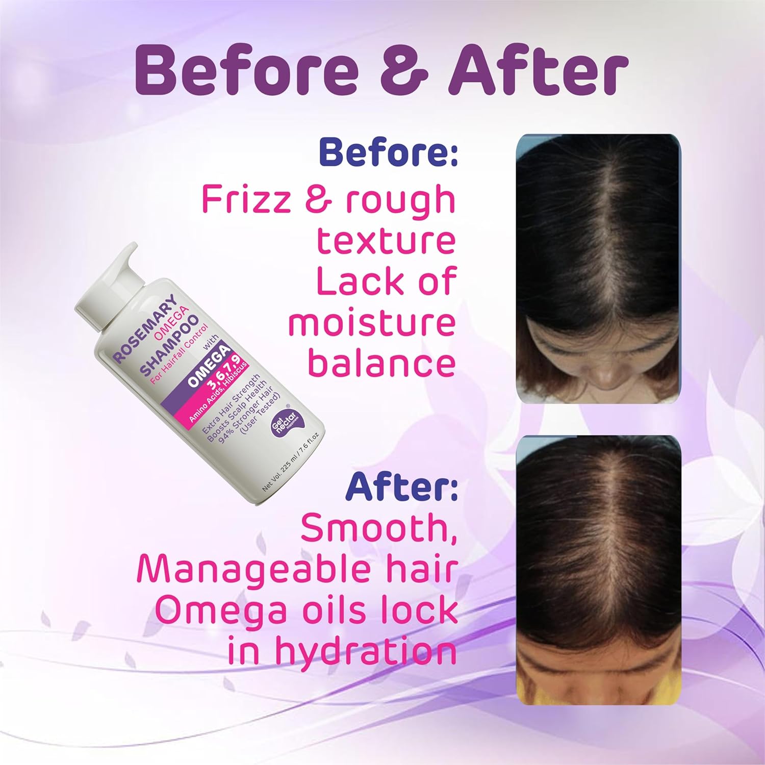 Before and after comparison of hair care product with a bottle and two headshots on a purple background.