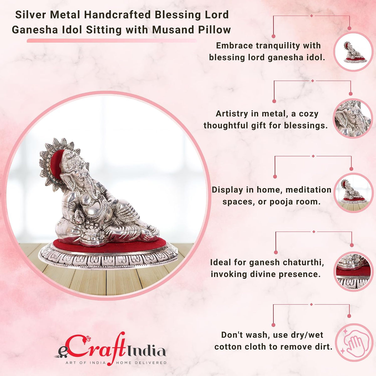 Lord Ganesha Idol (18.75 cm x 10 cm x 13.75 cm, Silver and Red)