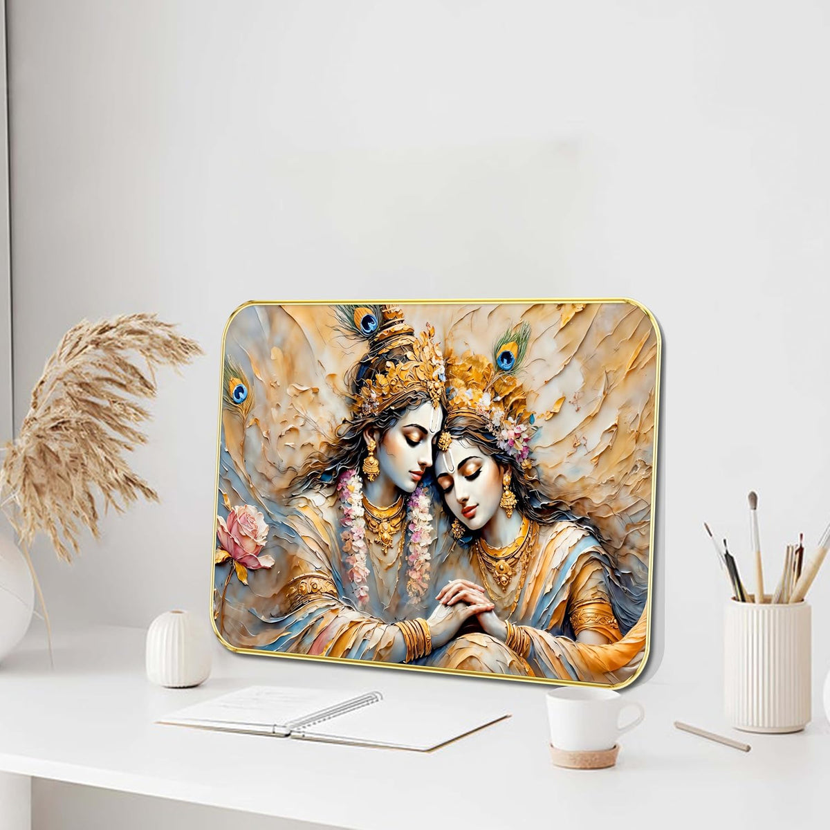 Radha Krishna Wall Art | Divine Romantic Spiritual Painting with 3D Textured Effect & Peacock Feathers | Framed Decorative Artwork for Living Room, Pooja Room (13 Inch x 19 Inch) MG01-823