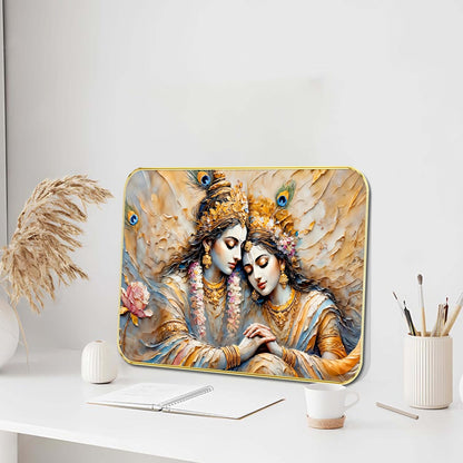Radha Krishna Wall Art | Divine Romantic Spiritual Painting with 3D Textured Effect & Peacock Feathers | Framed Decorative Artwork for Living Room, Pooja Room (13 Inch x 19 Inch) MG01-823