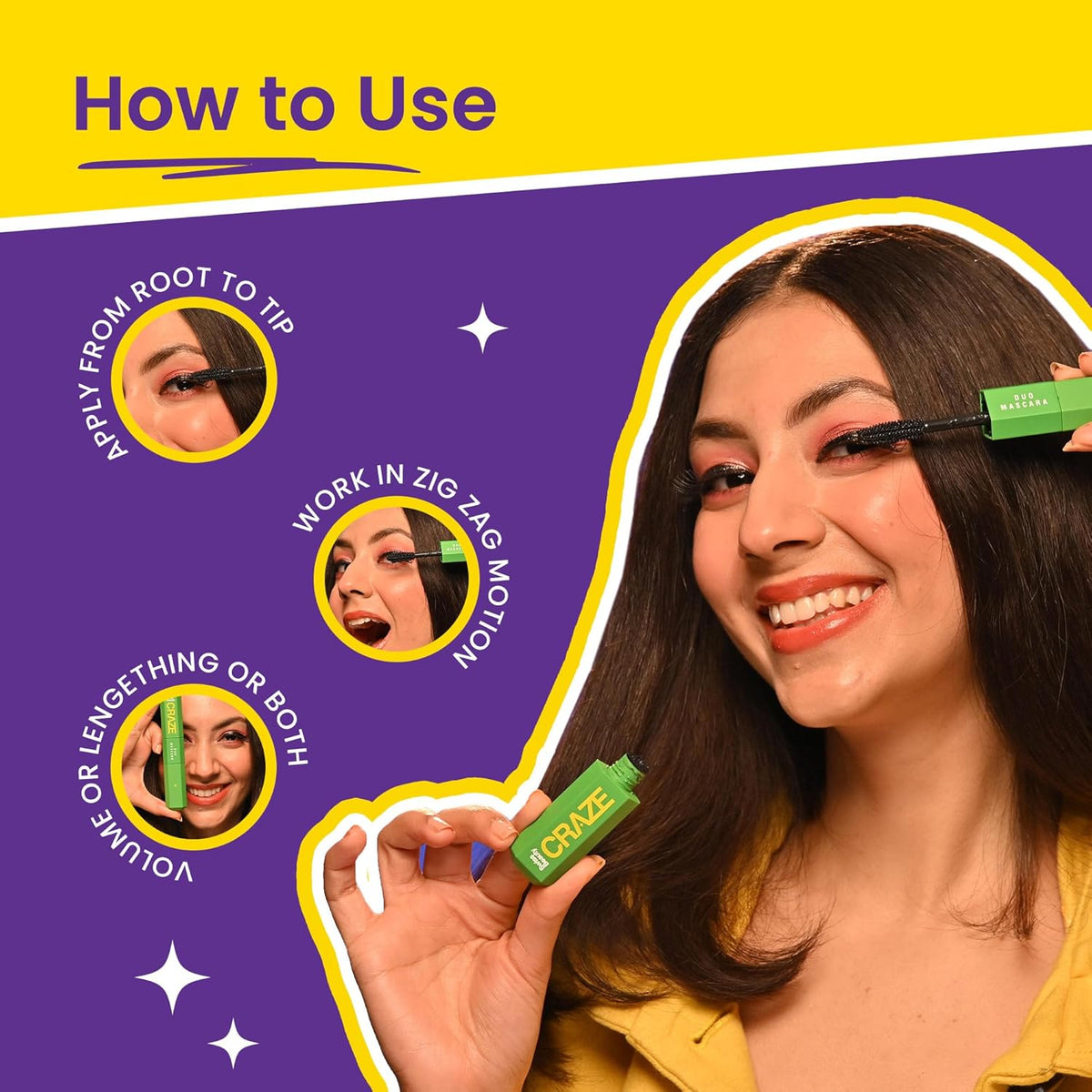 Woman applying mascara with a green mascara tube labeled 'Crazy' against a purple and yellow background.