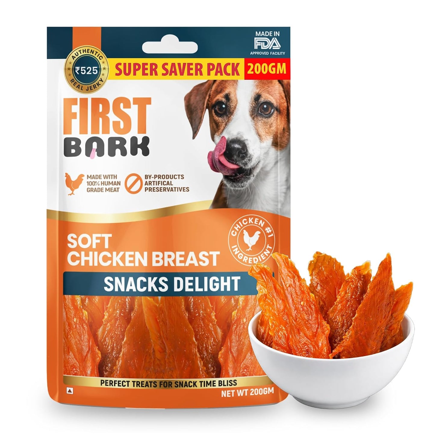 First Bark Dog Treats for Adult Dog & Puppy – Snack Delights Chicken Jerky for Dogs, Small Dogs & Shih Tzu | Dog Snacks & Puppy Treats – Soft Chicken Breast (200g) x1