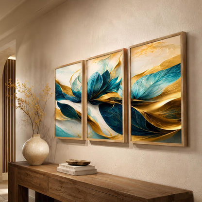 Abstract Blue Gold Floral Wall Painting Set of 3 for Living Room Bedroom Hall Office Decor, Modern Luxury Leaf Artwork, Premium Wooden Synthetic Frame (13.5 x 19.5) NM03-144