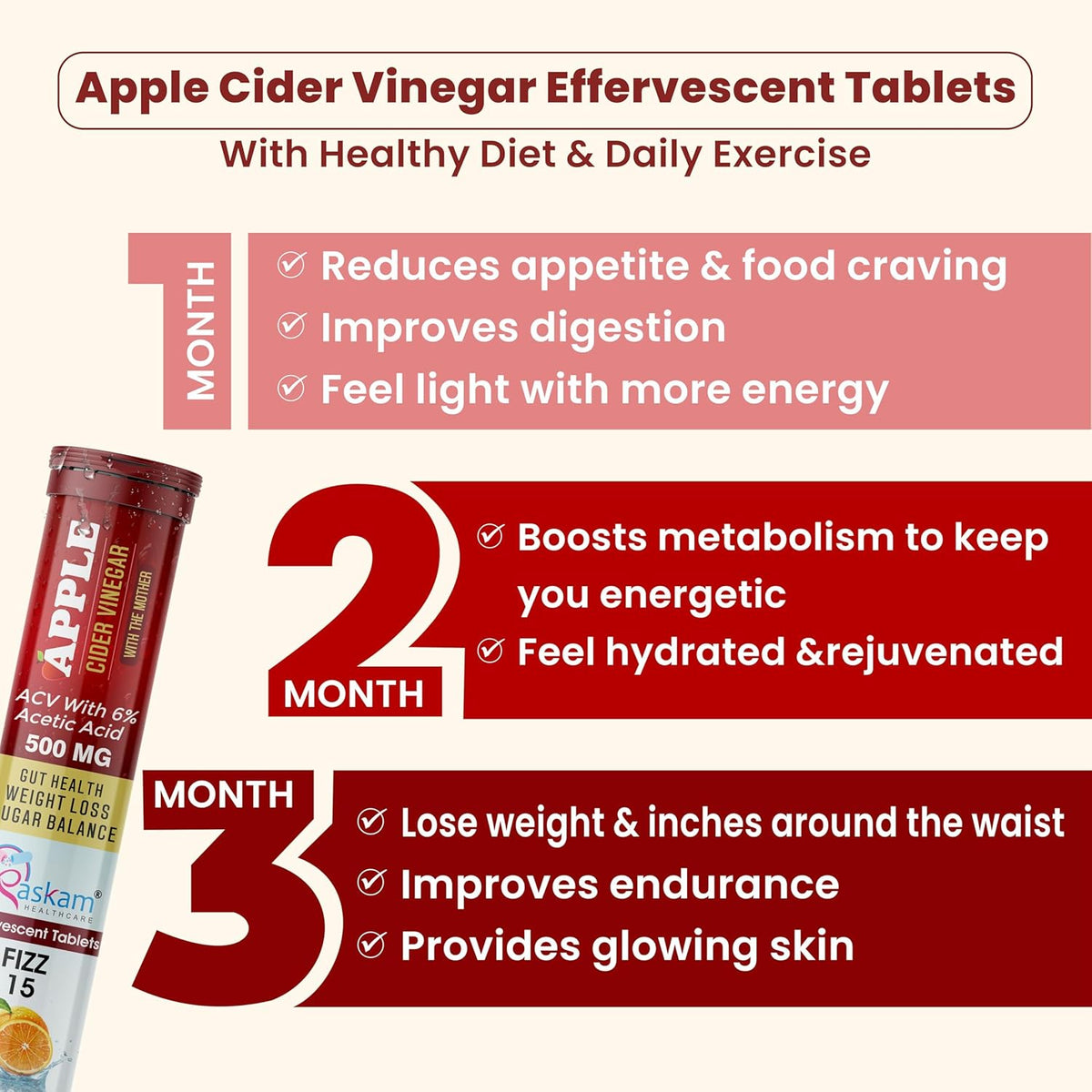 Advertisement for Apple Cider Vinegar Effervescent Tablets with text about health benefits on a white background.