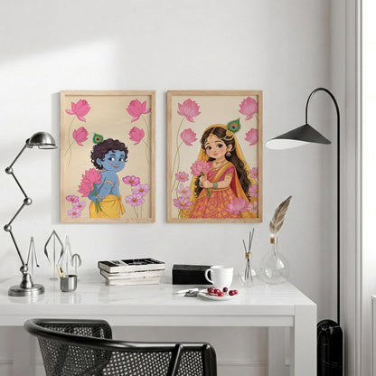 Baby Krishna Radha Wall Art Painting | Set of 2 Framed Paintings | Radha Krishna Decor for Living Room Bedroom Pooja Room | (ART 11, 13x19 INCHES)