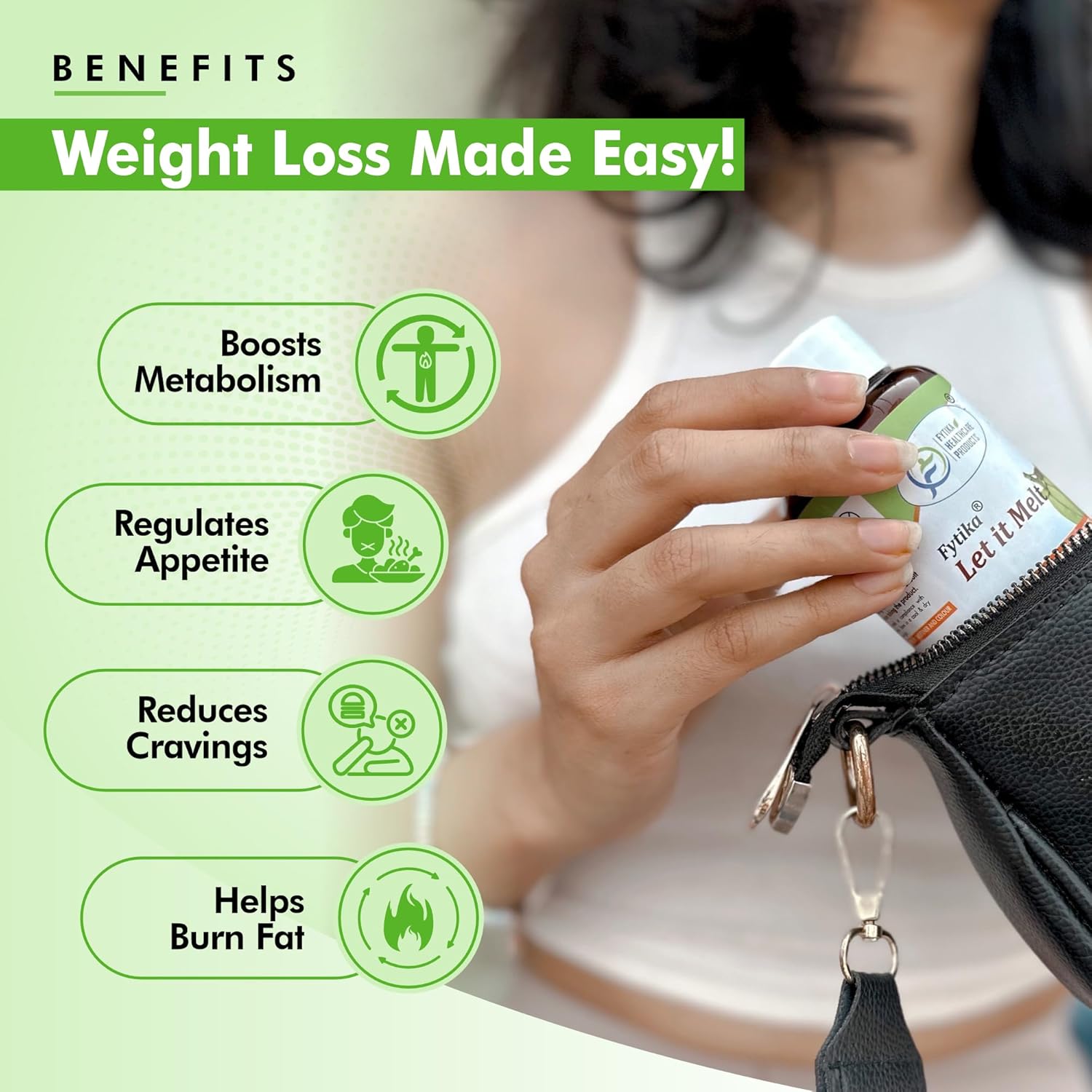 Person holding a product with weight loss benefits listed on a green background