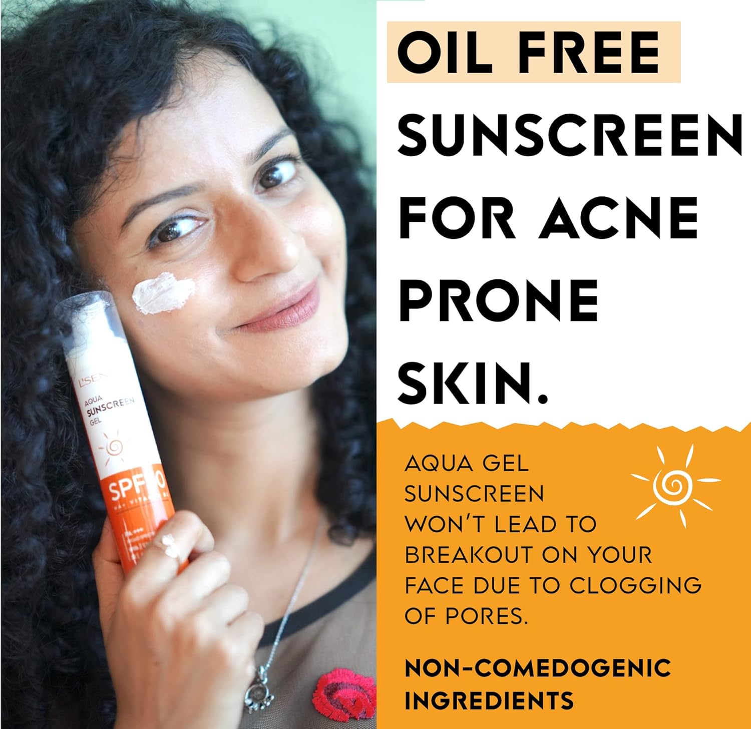 Woman applying sunscreen with a product image and text about oil-free sunscreen for acne-prone skin.