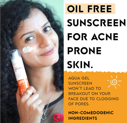 Woman applying sunscreen with a product image and text about oil-free sunscreen for acne-prone skin.
