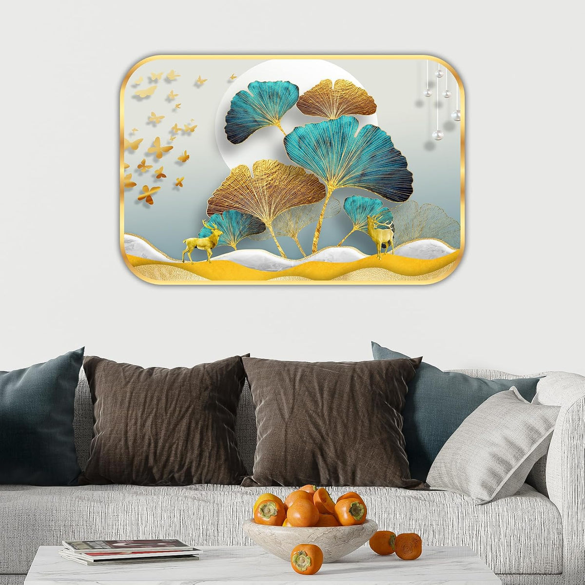 Abstract deer modern art Premium Sparkle Lamination Finished Surface Golden Slim Frame 30 cm x 46 cm Large Size, For Home/Office/Hotel painting MG34