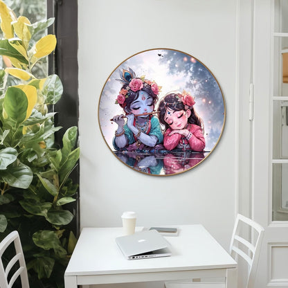 Baby Radha Krishna Round Art Print with Golden Frame | Cute Flute HD Art Print for Kids Room Pooja Living Room 16 Inch x 16 Inch