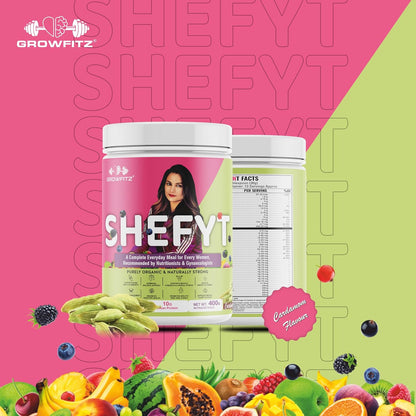Growfitz Shefyt 100% Natural Plant Protein Rich 400g | 12g Protein | Meal Replacement Shake For Weight Control & Management | 50+ Powerful Herbs | Energy, Wellness, Immunity, Law Fat (Cardamom)