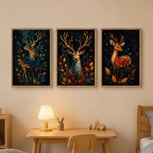 Set of 3 Deer Forest Wall Paintings for Living Room Bedroom Hallway Home Decor with Premium Wooden Color Synthetic Frame (13.5 x 19.5 Inch) NM03-76