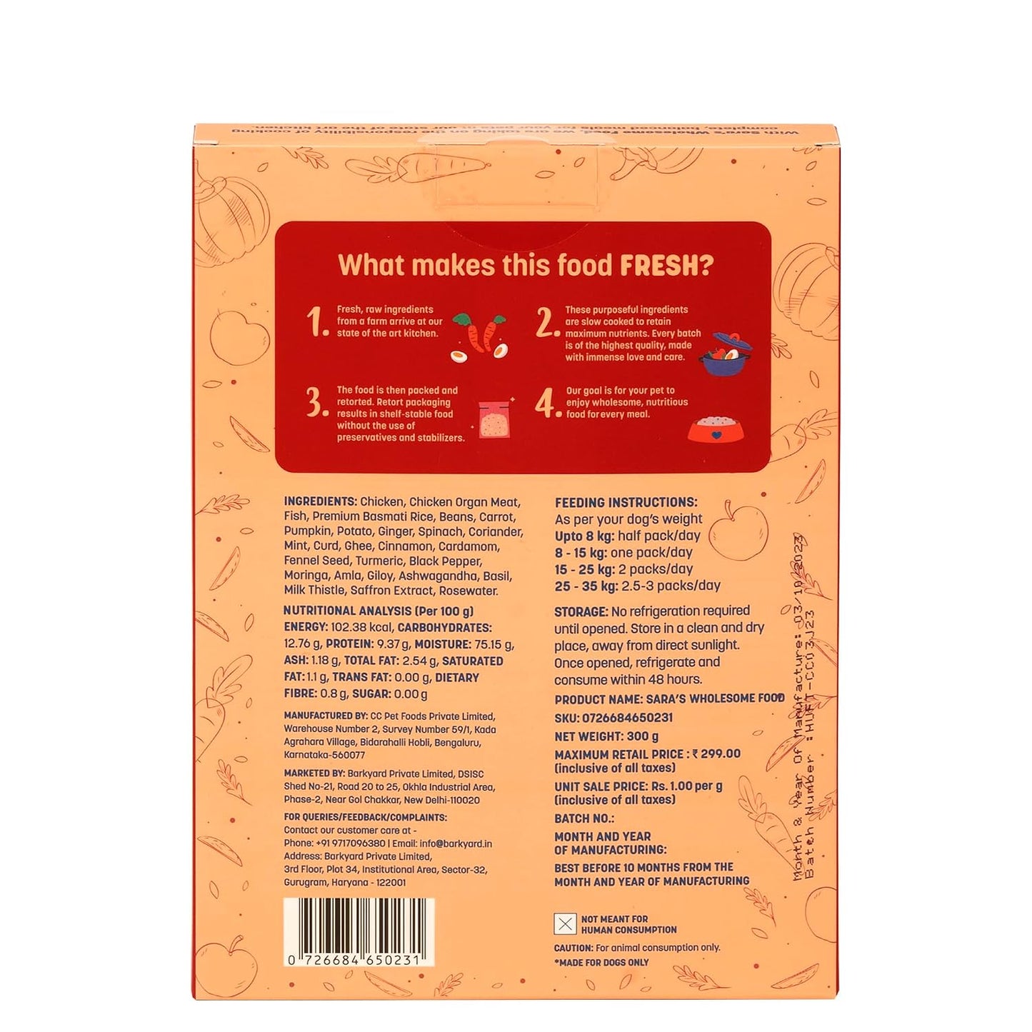 Sara's Wholesome by HUFT Chicken Biryani Wet Dog Food – 300 gm | Human-Grade Ingredients | High-Protein, Natural & Preservative-Free | Suitable for Puppies & Adult Dogs