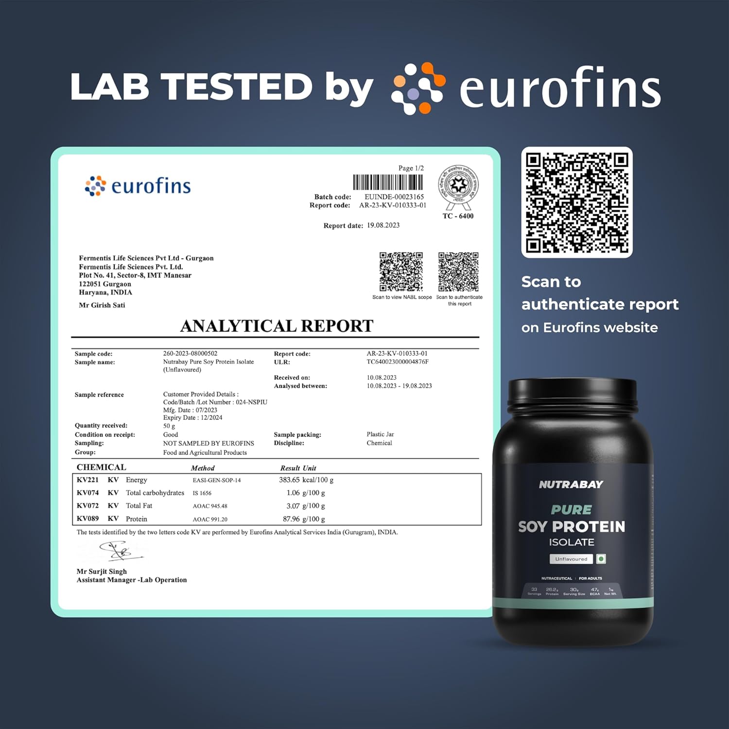 NUTRABAY Pure Soy Protein Isolate container with Eurofins analytical report on a blue background