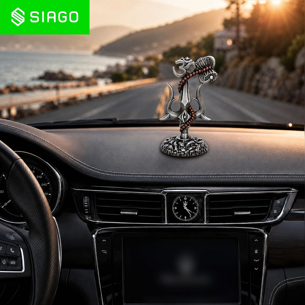 Shiv Trishul Damru & Om Idol | Metal Shiva Showpiece for Mandir & Car Dashboard Grey SIA481